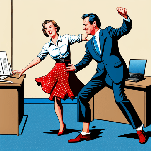 Dancing coworkers in an office