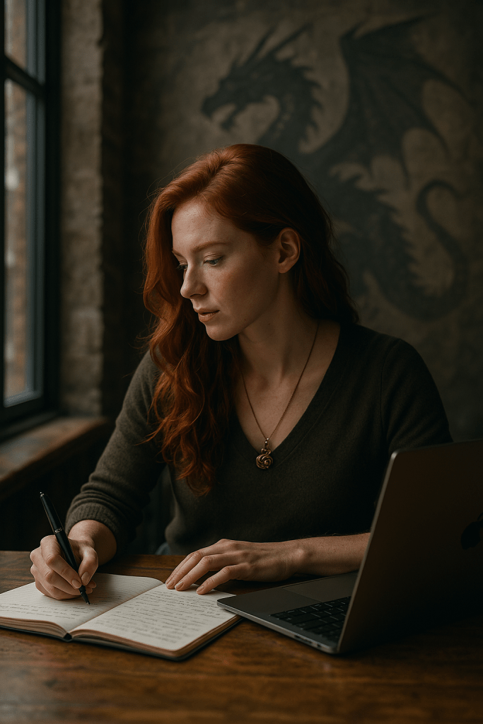 A red-haired woman sits at a desk, gazing upward in thought. Above her head floats a glowing thought bubble filled with abstract, scribbled shapes resembling headline fragments. The setting blends modern and fantastical elements, with warm lighting and subtle dragon motifs on her accessories. The image conveys the creative process of forming ideas before writing headlines.