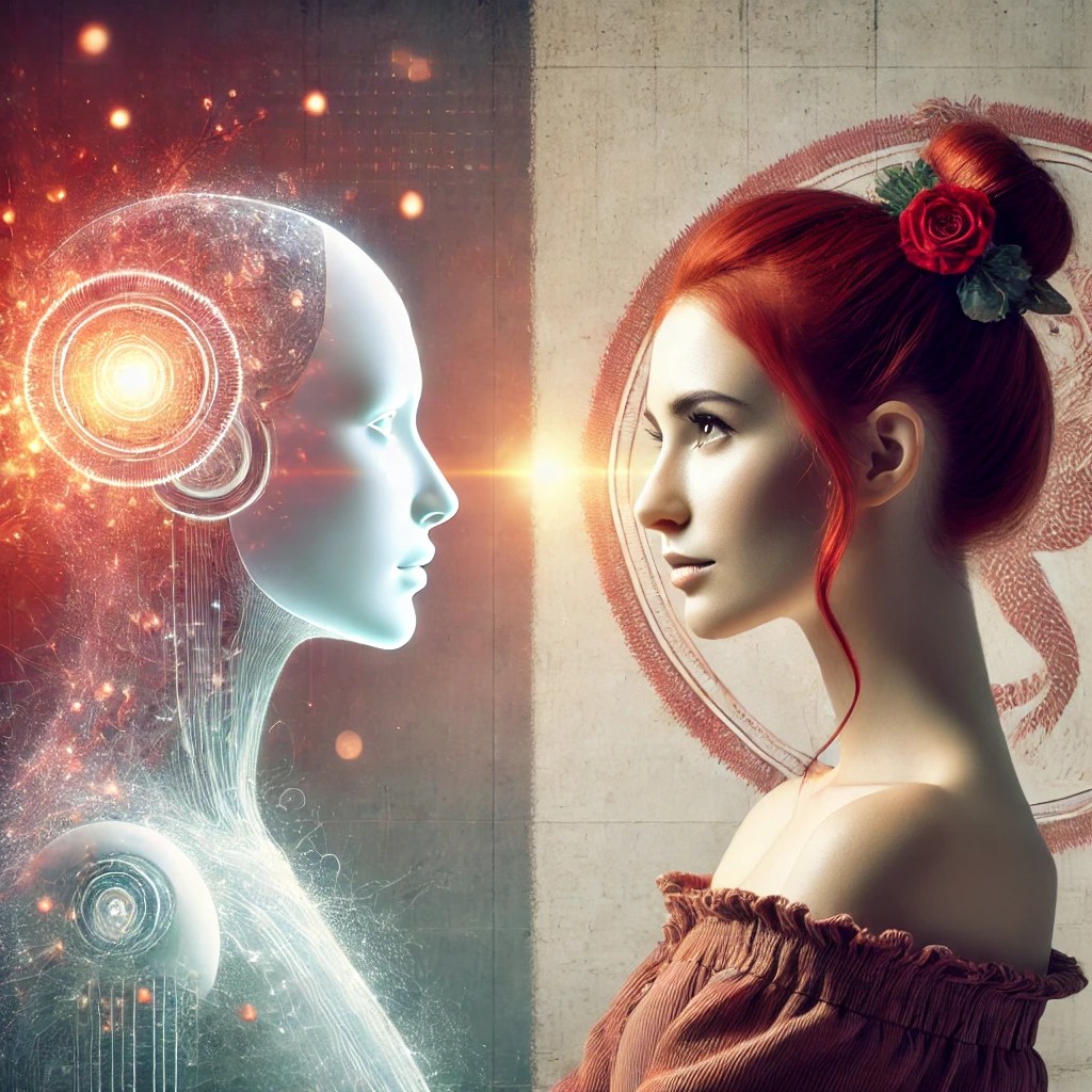 A redhead in quiet contrast with a glowing AI figure—storytelling meets smart tech.