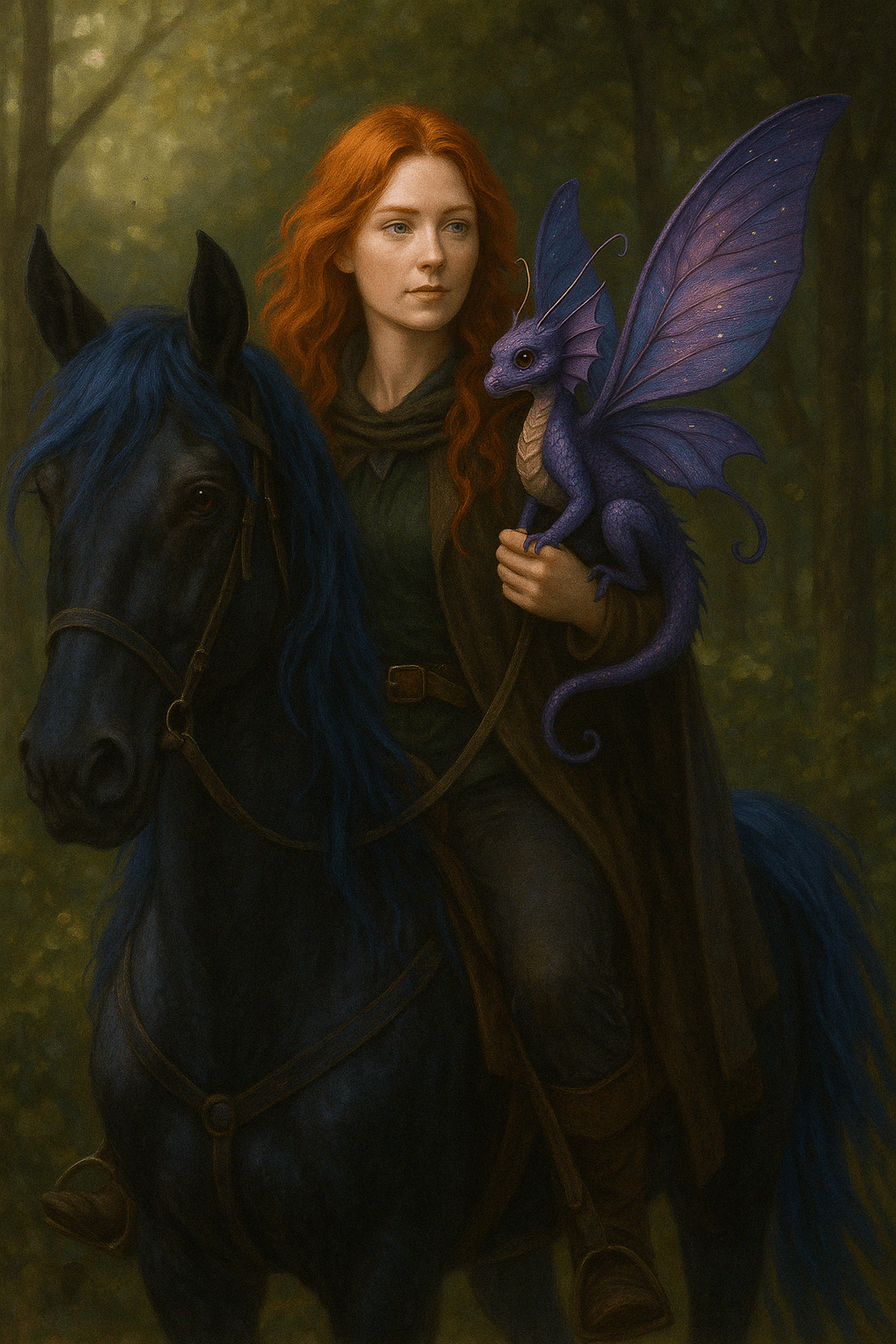 A red-haired woman rides a black horse with a shimmering blue mane through a sun-dappled forest. A small purple dragon with translucent wings perches on her arm, evoking a sense of mystical adventure and fantasy origin stories.